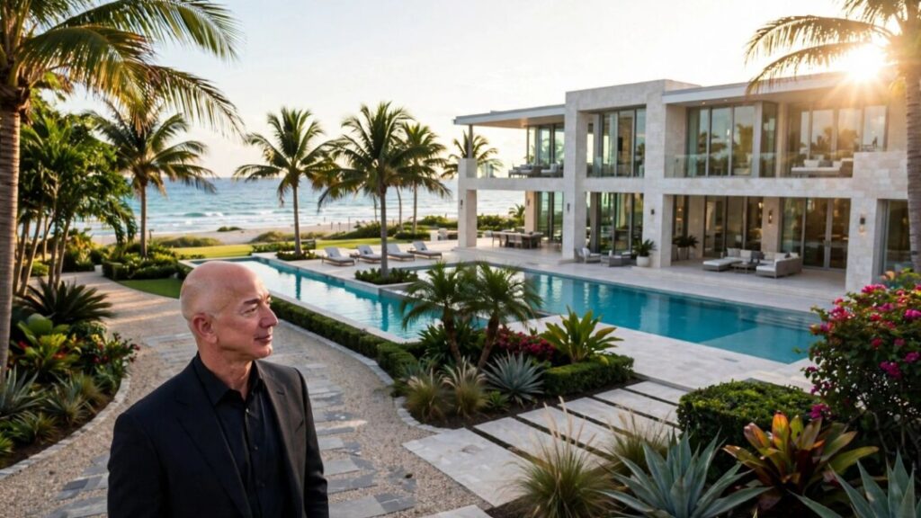 [Jeff Bezos] beside a Golden Beach oceanfront mansion