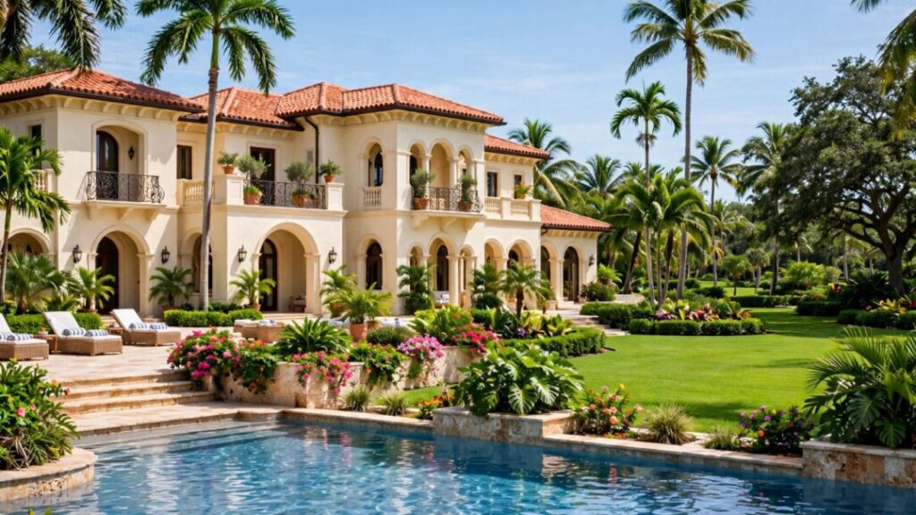 Mediterranean Florida mansion with palms, manicured lawn, and pool