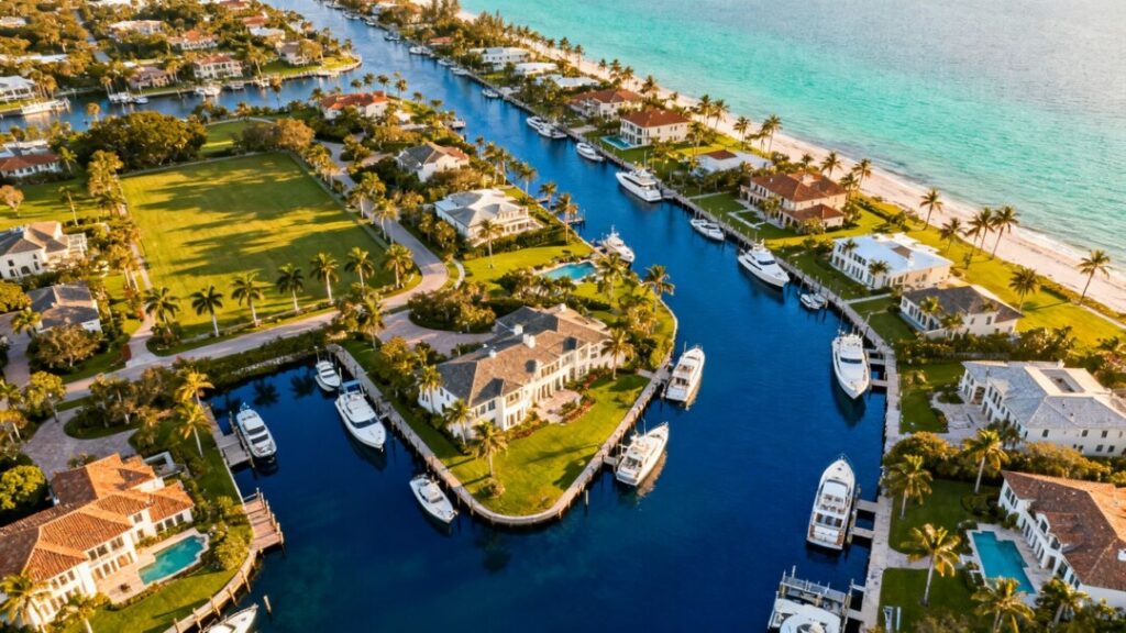 Port Royal waterfront estates, private docks, yachts, and turquoise water