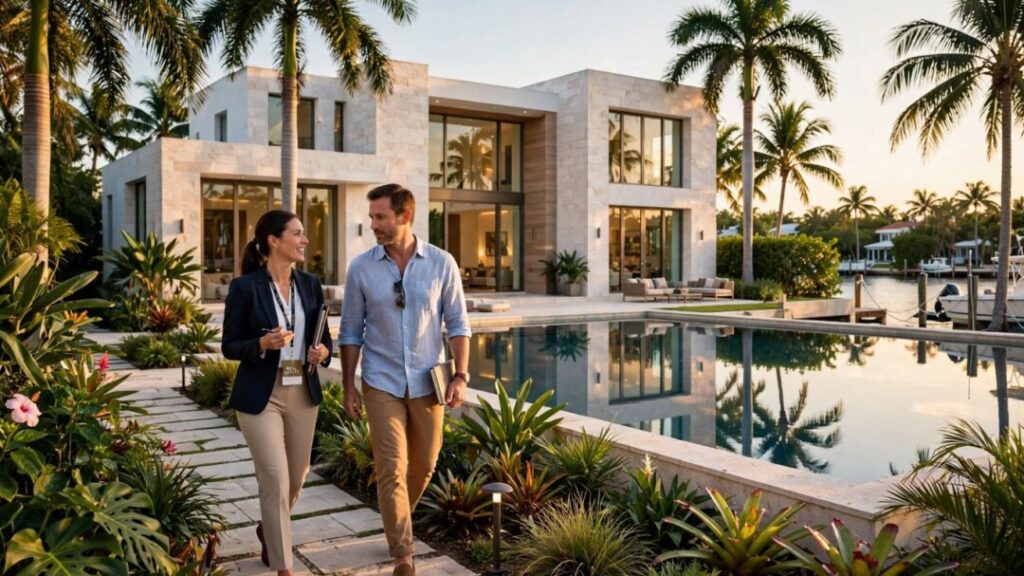 Luxury Ponce-Davis home surrounded by palms, with an agent and buyer.