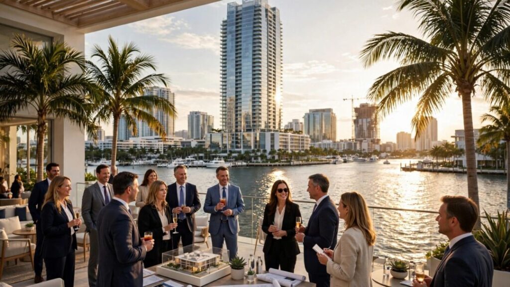South Florida developers gather beside a modern waterfront skyline