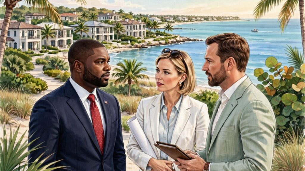 Florida property investors gather near homes and a portrait of Byron Donalds.