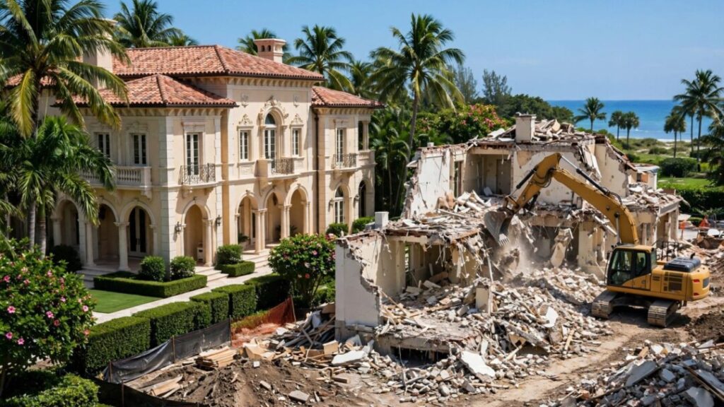 Palm Beach mansion beside demolition debris and a working excavator