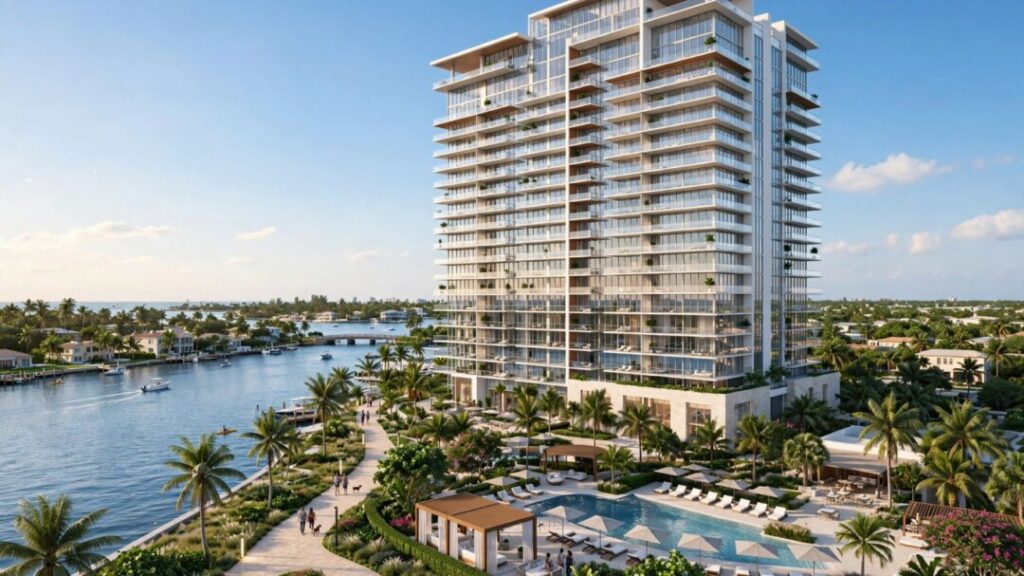 Luxury apartment tower with balconies, pool, palms, and waterfront