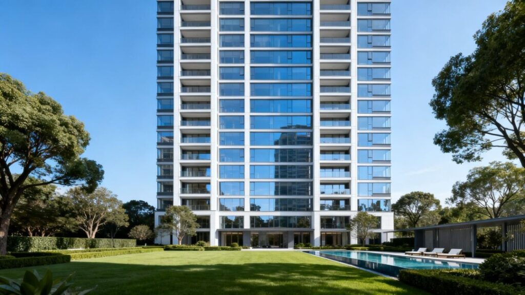 Modern luxury residential tower with glass windows and green landscaping.