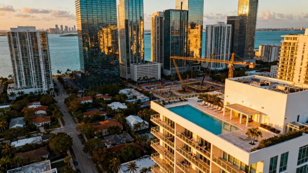 Brickell office towers beside luxury homes along Miami’s waterfront skyline