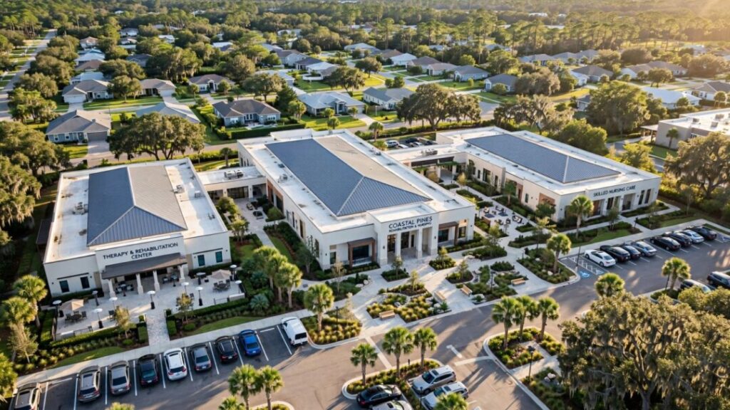 Aerial view of a Florida healthcare campus with landscaped grounds.