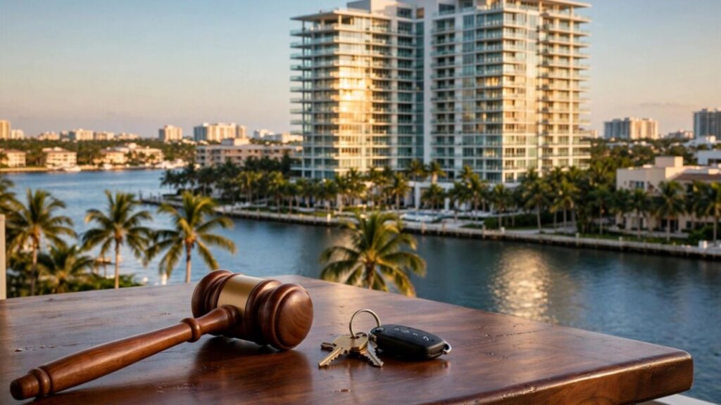 Waterfront West Palm Beach condo with palm trees and auction gavel