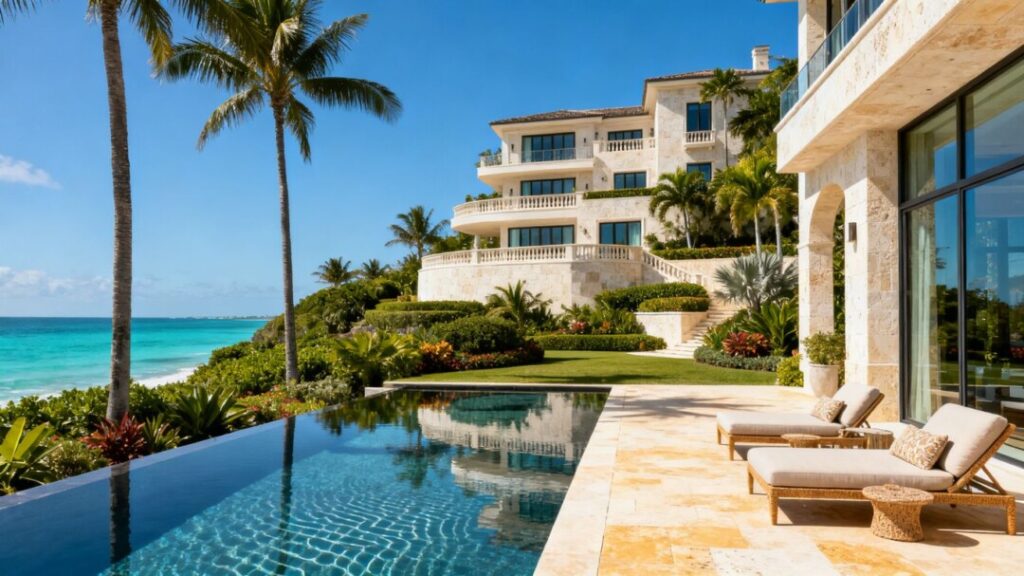 Florida oceanfront estate with palms, infinity pool, and coastal views
