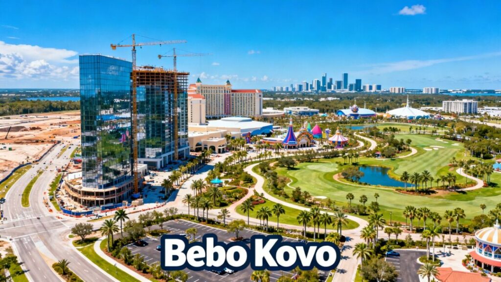 Aerial view of Orlando development with towers, parks, and construction cranes