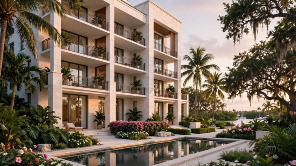 Elegant Raffles residences nestled among Coconut Grove palms