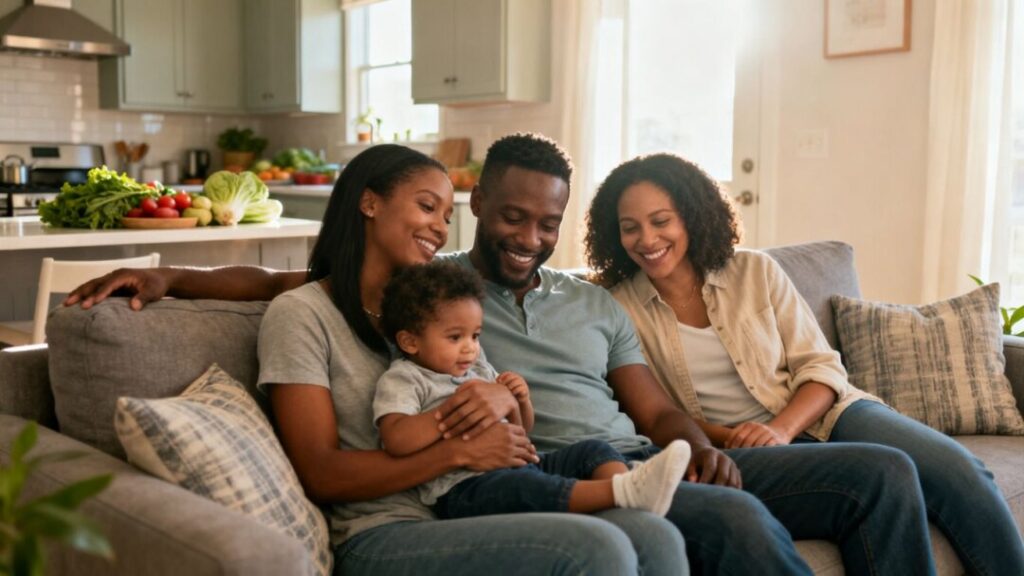 American family enjoys a comfortable home with fresh groceries nearby.