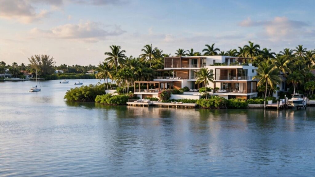 Boutique waterfront residences framed by palms along Coconut Grove’s calm bay.