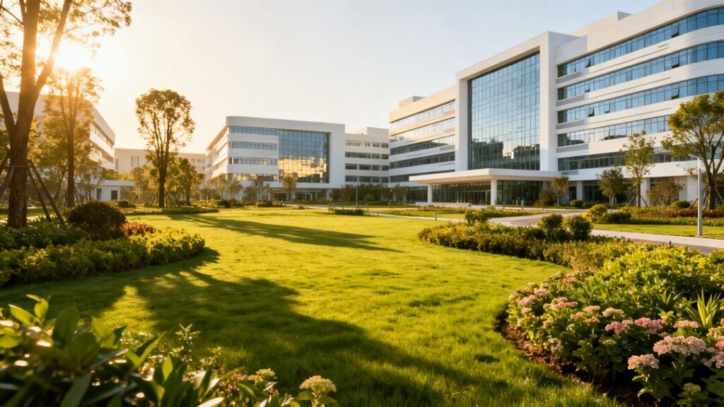 Modern hospital complex with landscaping and sunlight.