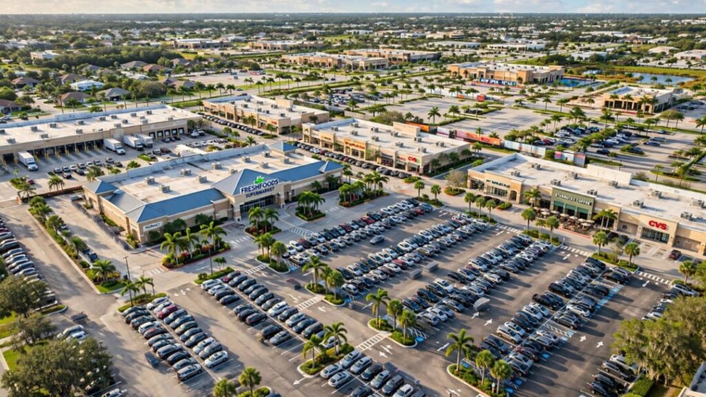 Florida supermarket property surrounded by parking and neighboring retail buildings