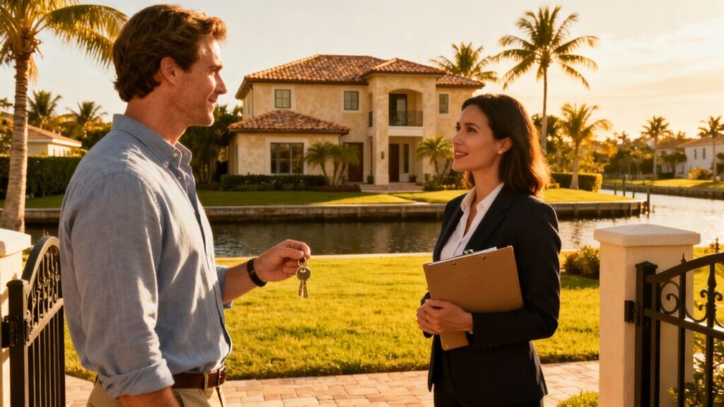 Homeowner and property manager discuss rental rules beside coastal home.