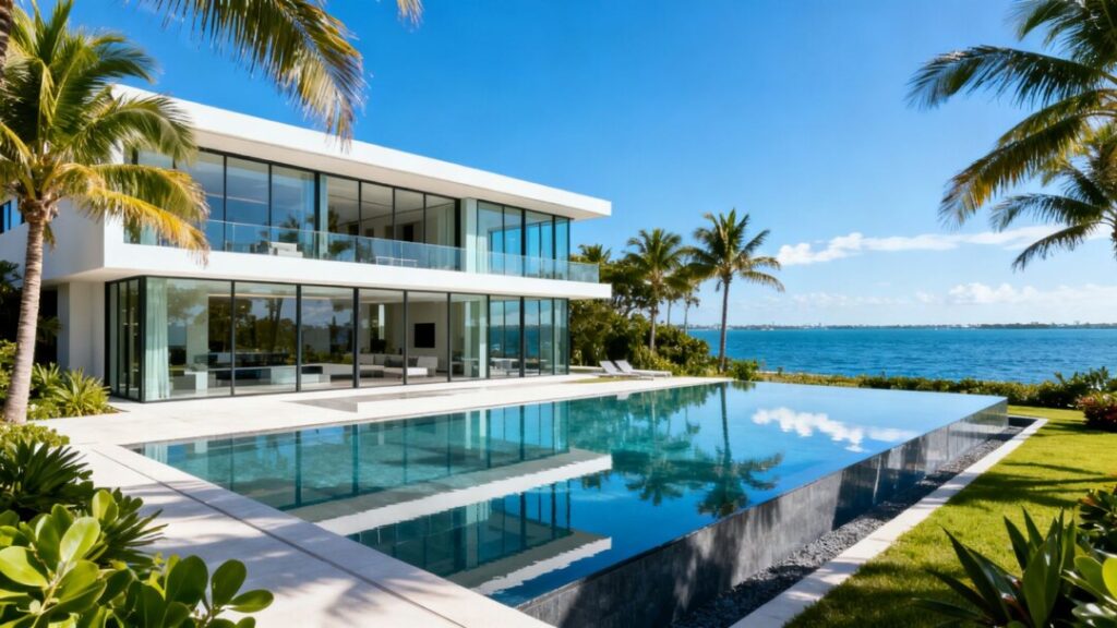 Miami waterfront mansion with infinity pool and ocean view.