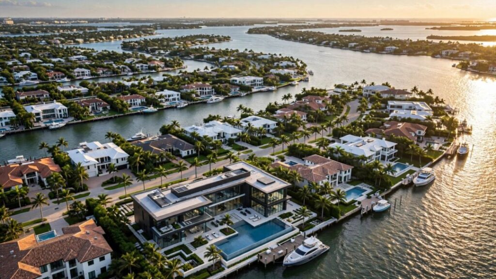 Miami-Dade waterfront mansions with pools, docks, and a yacht
