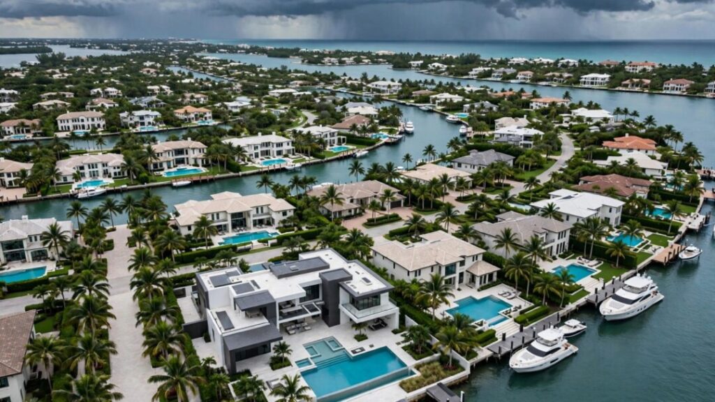 Florida waterfront mansions and yachts beneath gathering storm clouds.