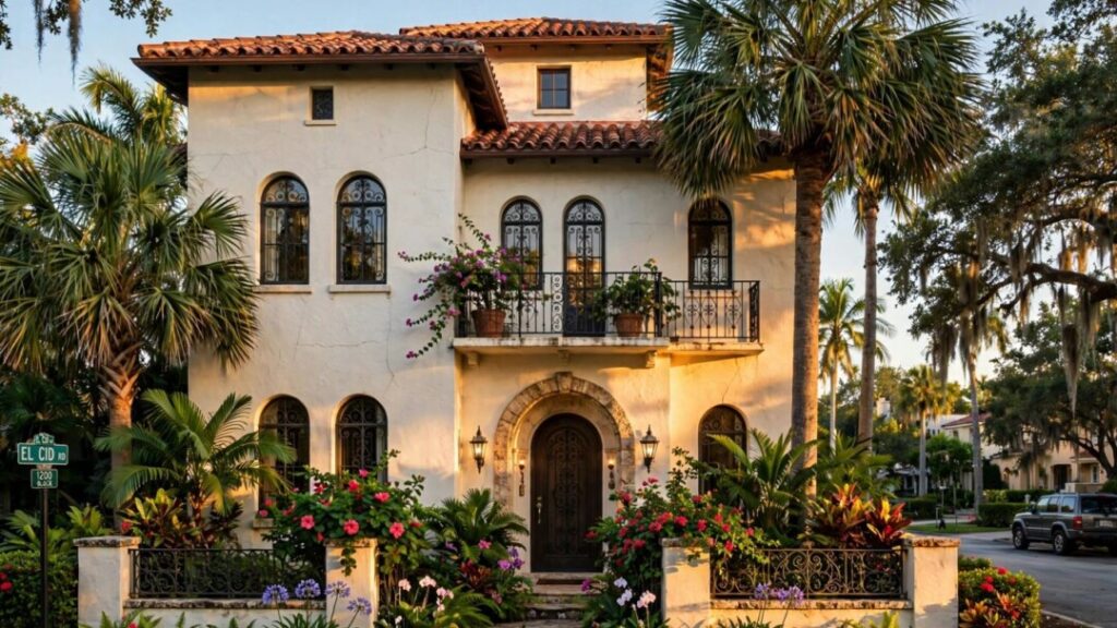 Century-old El Cid Mediterranean home surrounded by palms and tropical landscaping