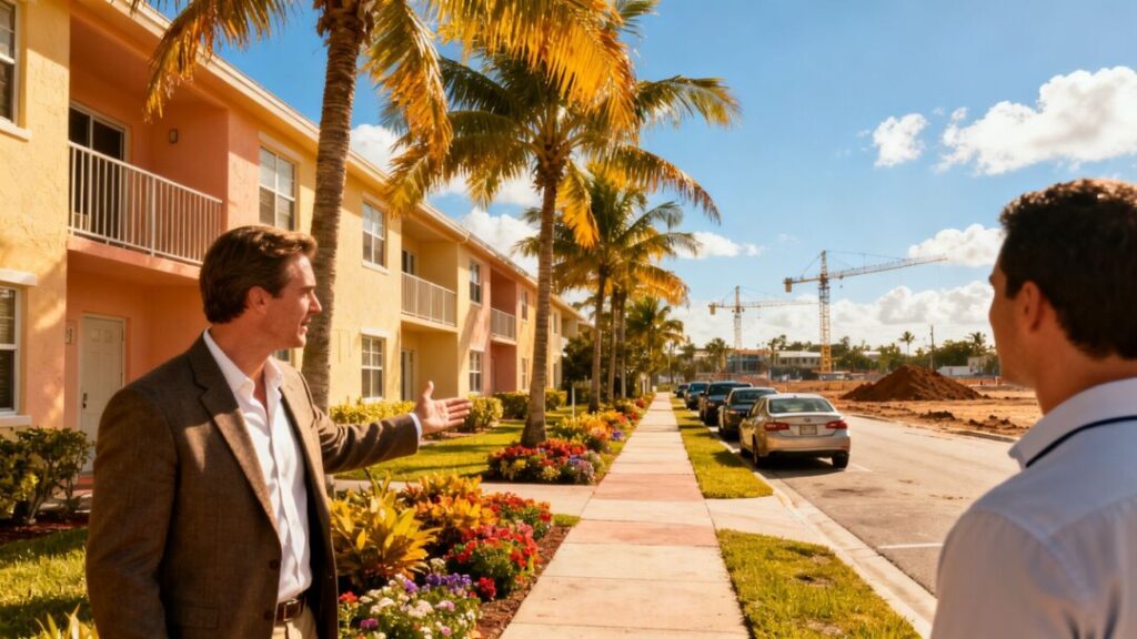 Delray Beach rental apartments with palms and distant construction cranes