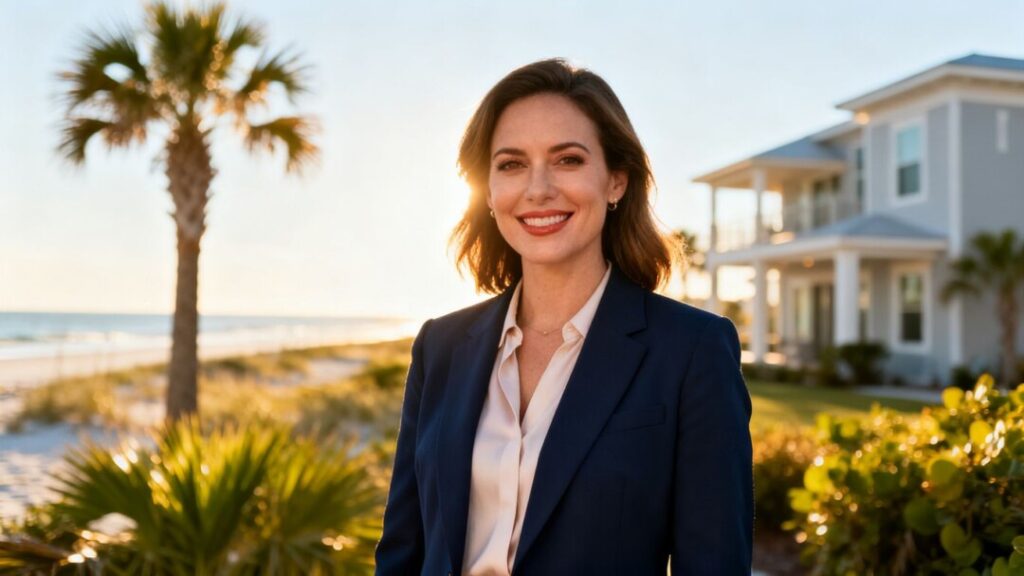 Real estate professional outdoors near a coastal Panama City home
