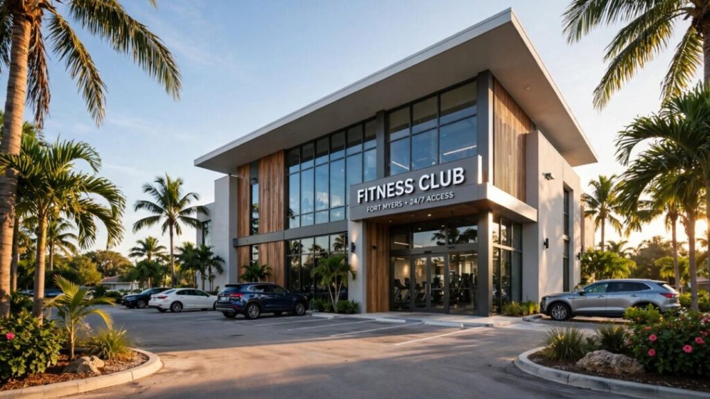 Modern Fort Myers fitness club framed by palms and parked cars.