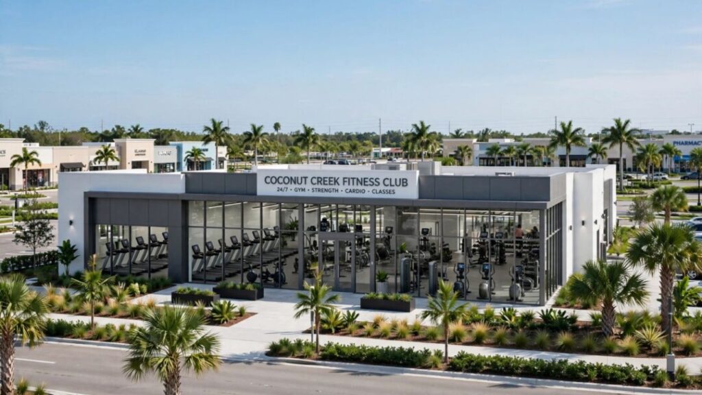 Modern Coconut Creek fitness club with palm trees and glass facade