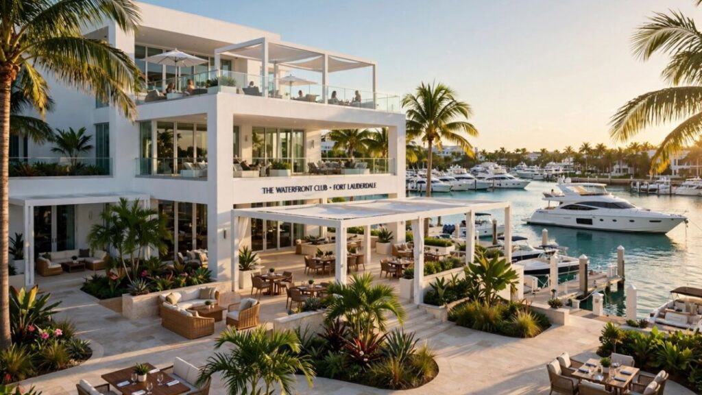 Luxury waterfront club with yachts, palms, terraces, and turquoise marina