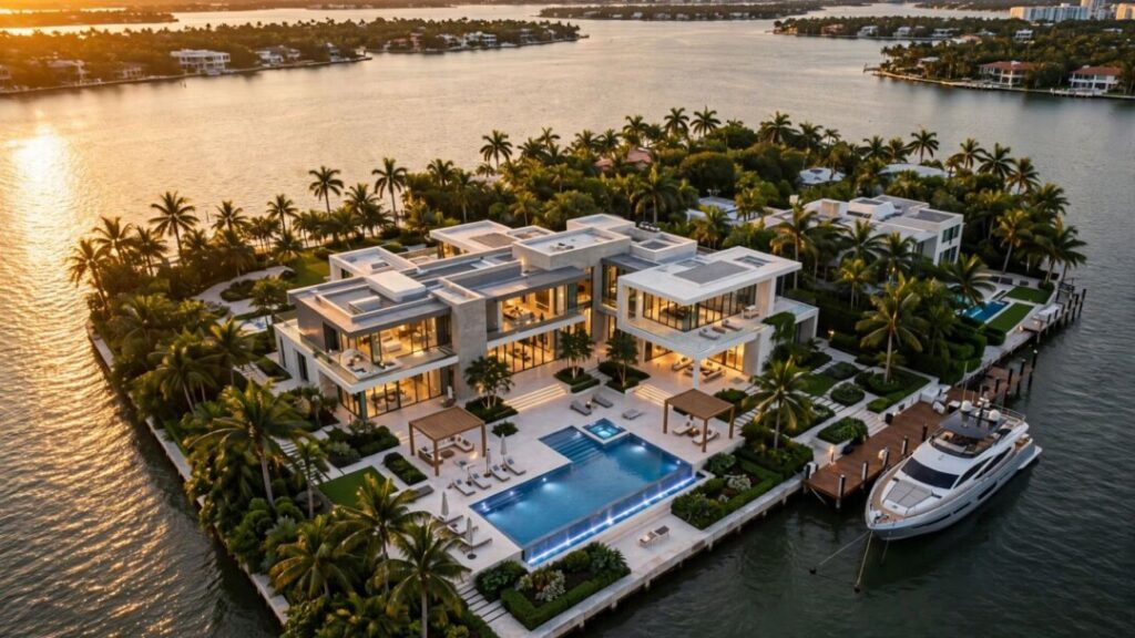 Luxury Miami-Dade waterfront mansion with pool, yacht, and skyline