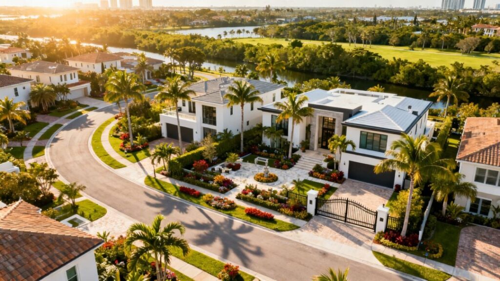 New gated homes surrounded by tropical landscaping in Aventura, Florida.