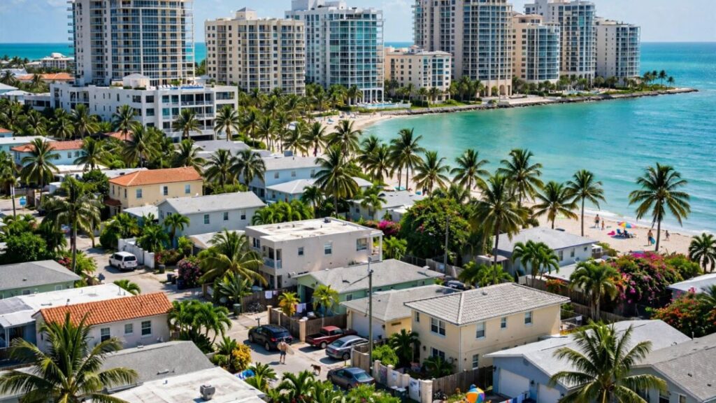 Naples homes and luxury condos beside a crowded, sunny Gulf Coast beach