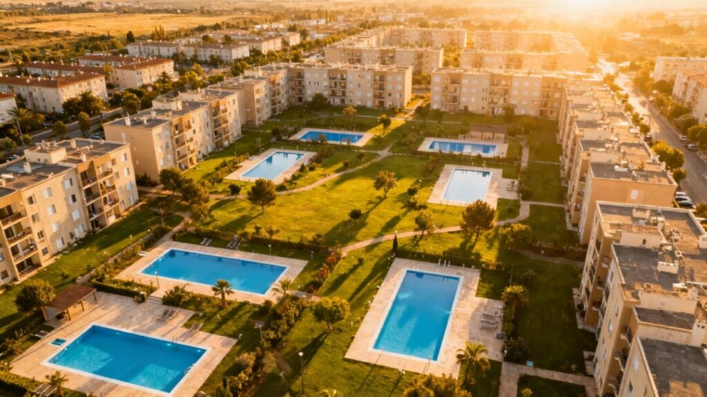 Polo Lakes Apartments complex with pools and landscaping.