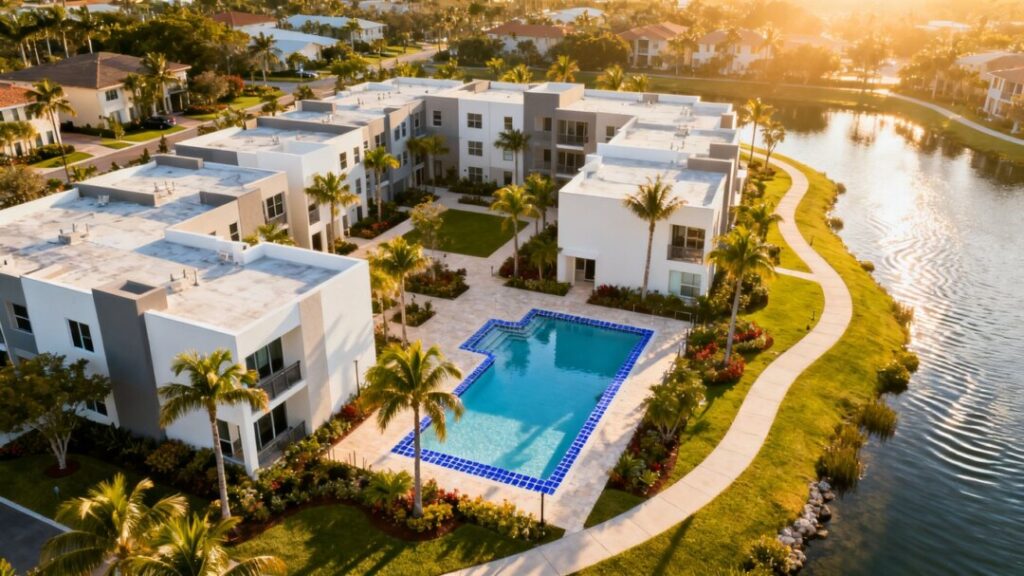 Aerial view of Polo Lakes apartments, pool, landscaping, and lake.
