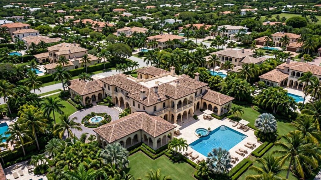 Luxury Ponce-Davis estate amid palms, gardens, and a sparkling pool.