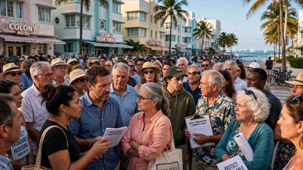 Miami Beach residents gather near Art Deco buildings and palm trees.