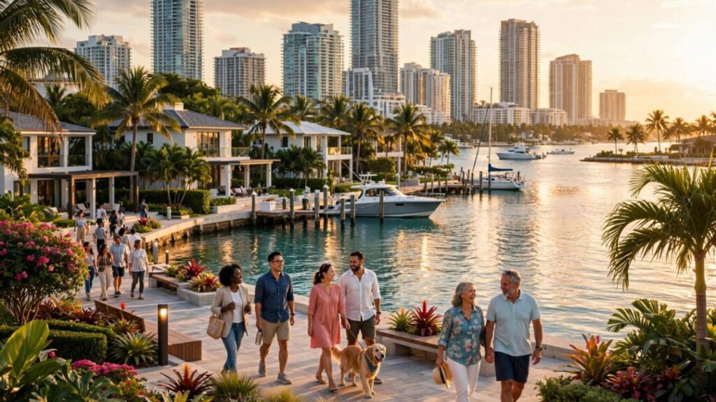 South Florida homes and towers beside residents on a waterfront promenade