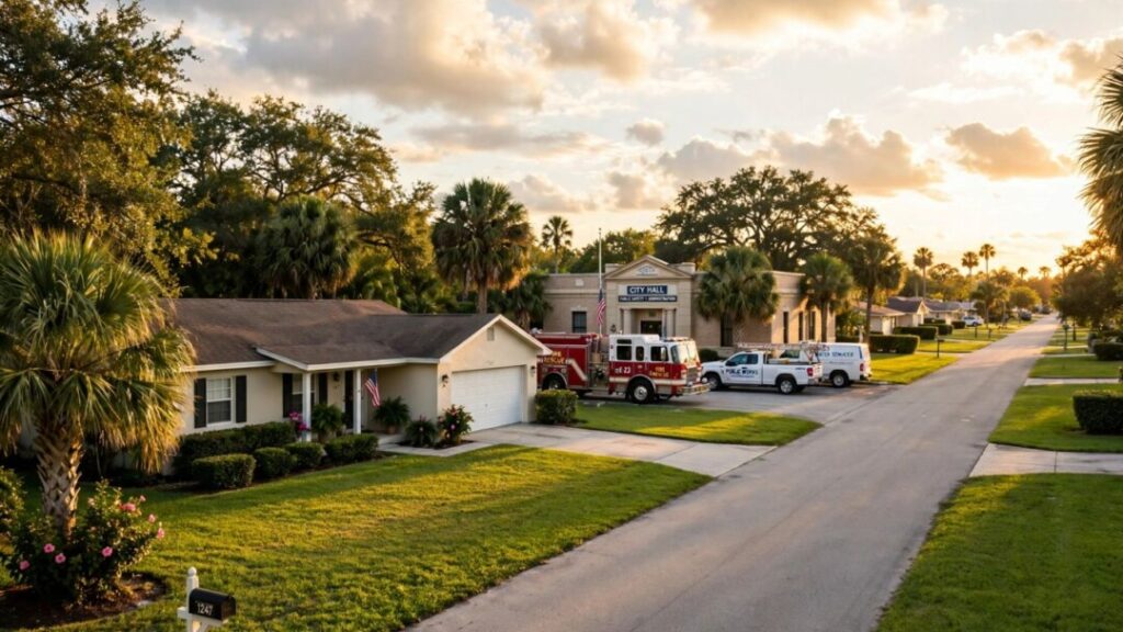 Florida home beside municipal vehicles on a palm-lined street