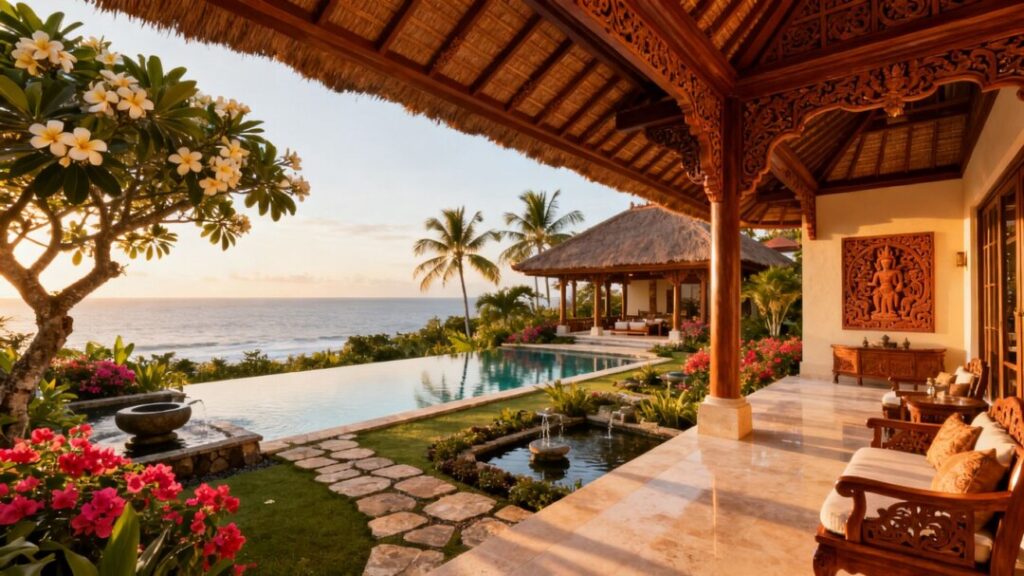 Bali-inspired Florida estate with lush landscaping and pool.