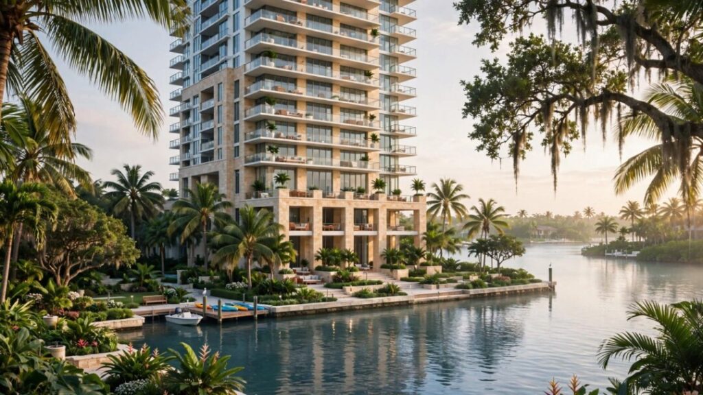Elegant Raffles residences amid Coconut Grove palms and waterfront greenery