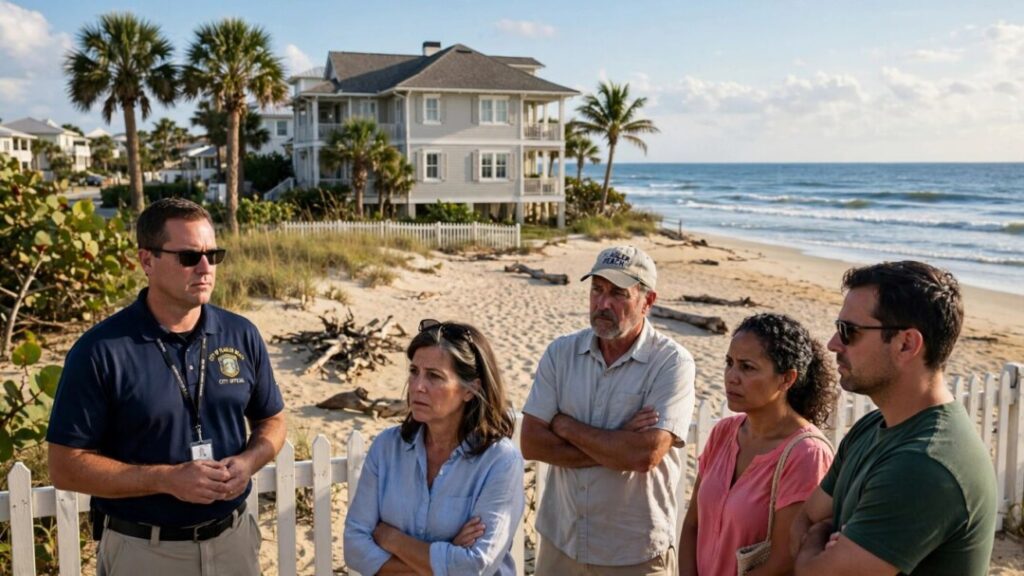 Oceanfront home beside Flagler Beach, palm trees, residents, and Atlantic waves.