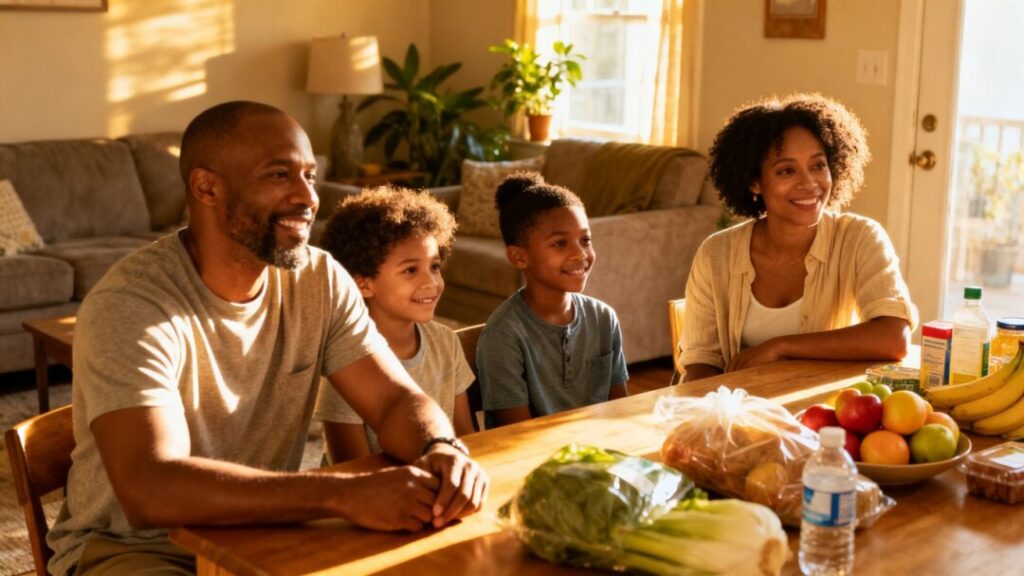 American family at home with groceries and household essentials nearby