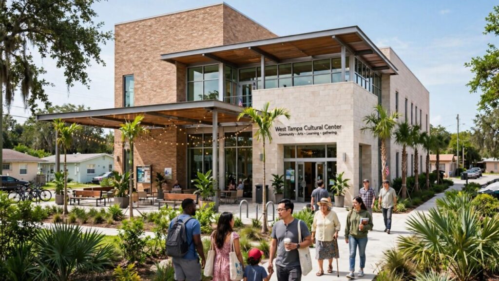 Proposed West Tampa cultural center amid palms and neighborhood buildings