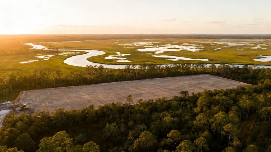 Aerial Florida wetlands and pine forests beside undeveloped land