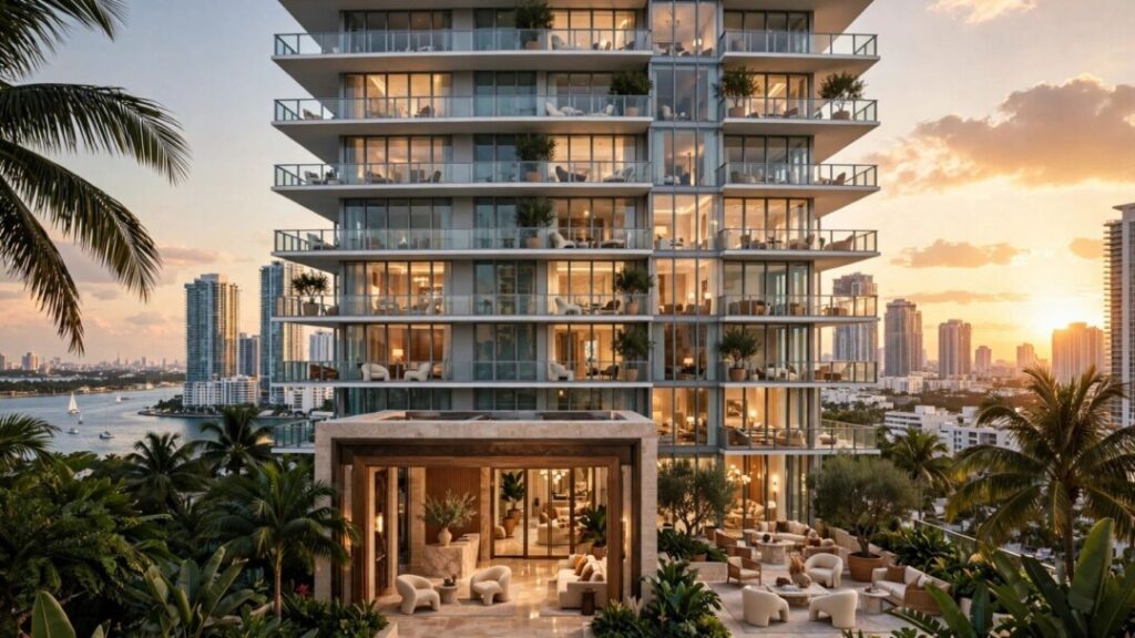 Luxury glass residential tower rises above downtown Miami at sunset