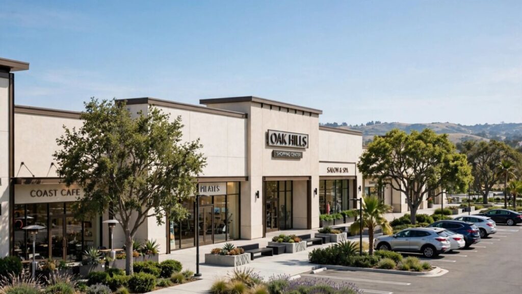 Modern Pleasanton shopping center with storefronts, parking, trees, and distant hills