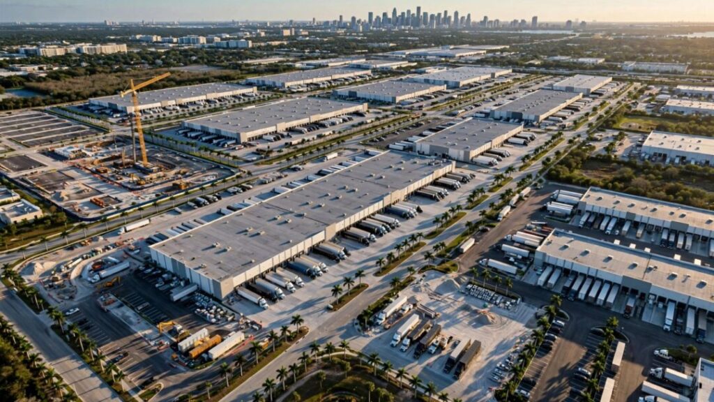 Florida industrial warehouses and trucks beneath a clear sky