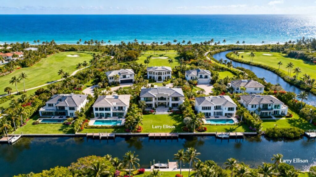 Eight luxury homes cluster beside Larry Ellison’s Florida waterfront estate.