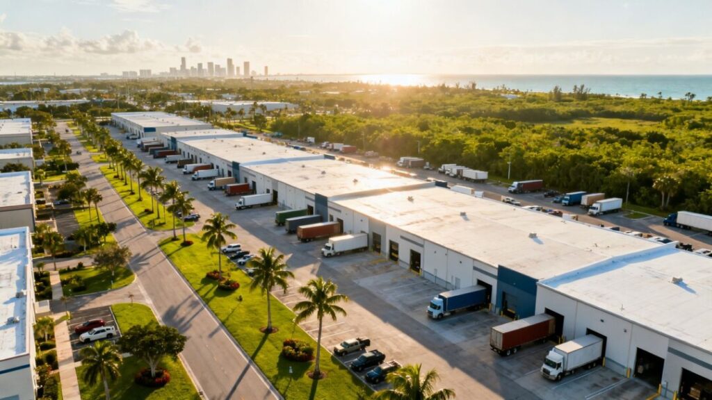 Aerial view of Dania Beach warehouses, loading areas, trucks, and palms