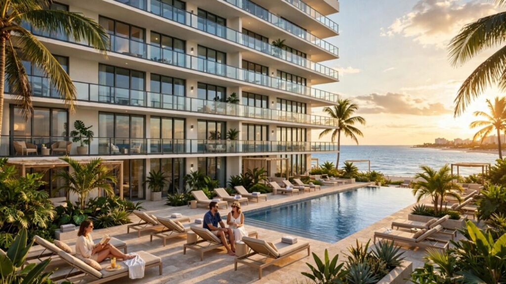 Modern North Miami Beach condo beside a tropical pool and ocean